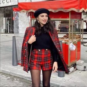 Zara Red Plaid Wool Blend Gold metallic Buttoned Shorts